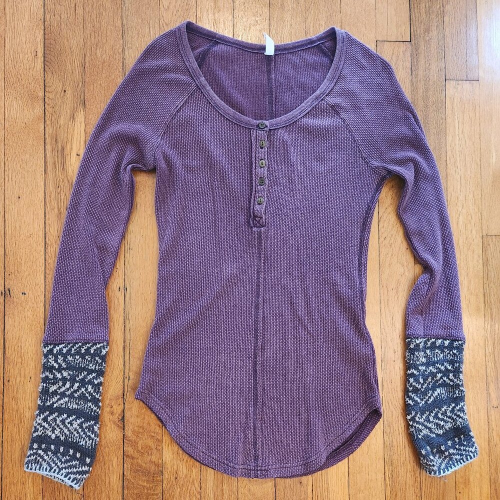Free People Alpine Cuff Ski Lodge Waffle Knit Henley Thermal Top Small